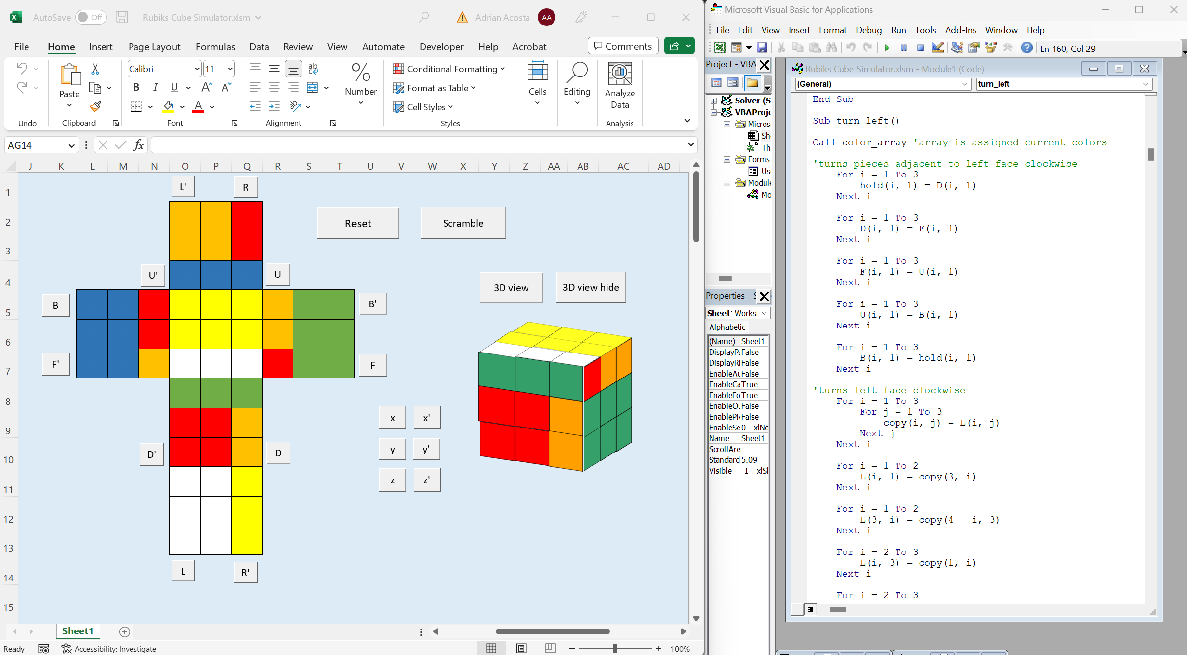 screenshot of rubiks cube simulator in excel